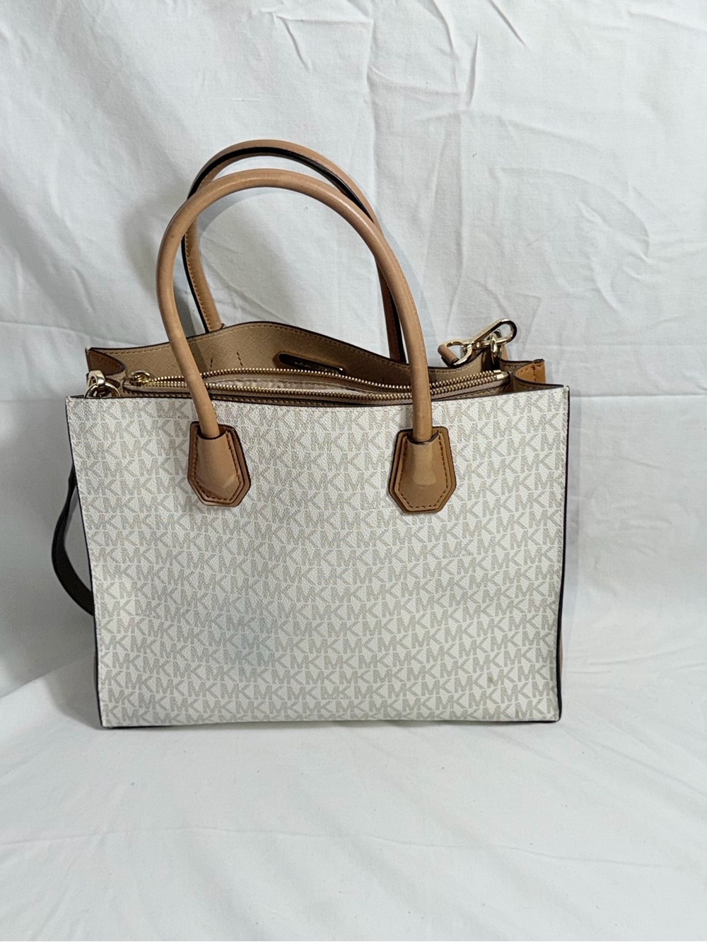 Michael Kors Mirella Medium EW Tote Satchel Bag Vanilla Acorn Monogram Canvas